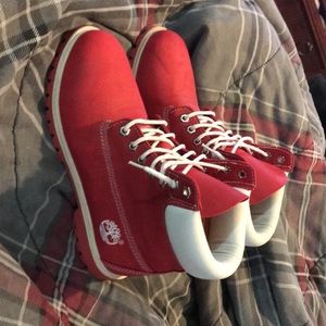 Red and White Timberlands BEST OFFER